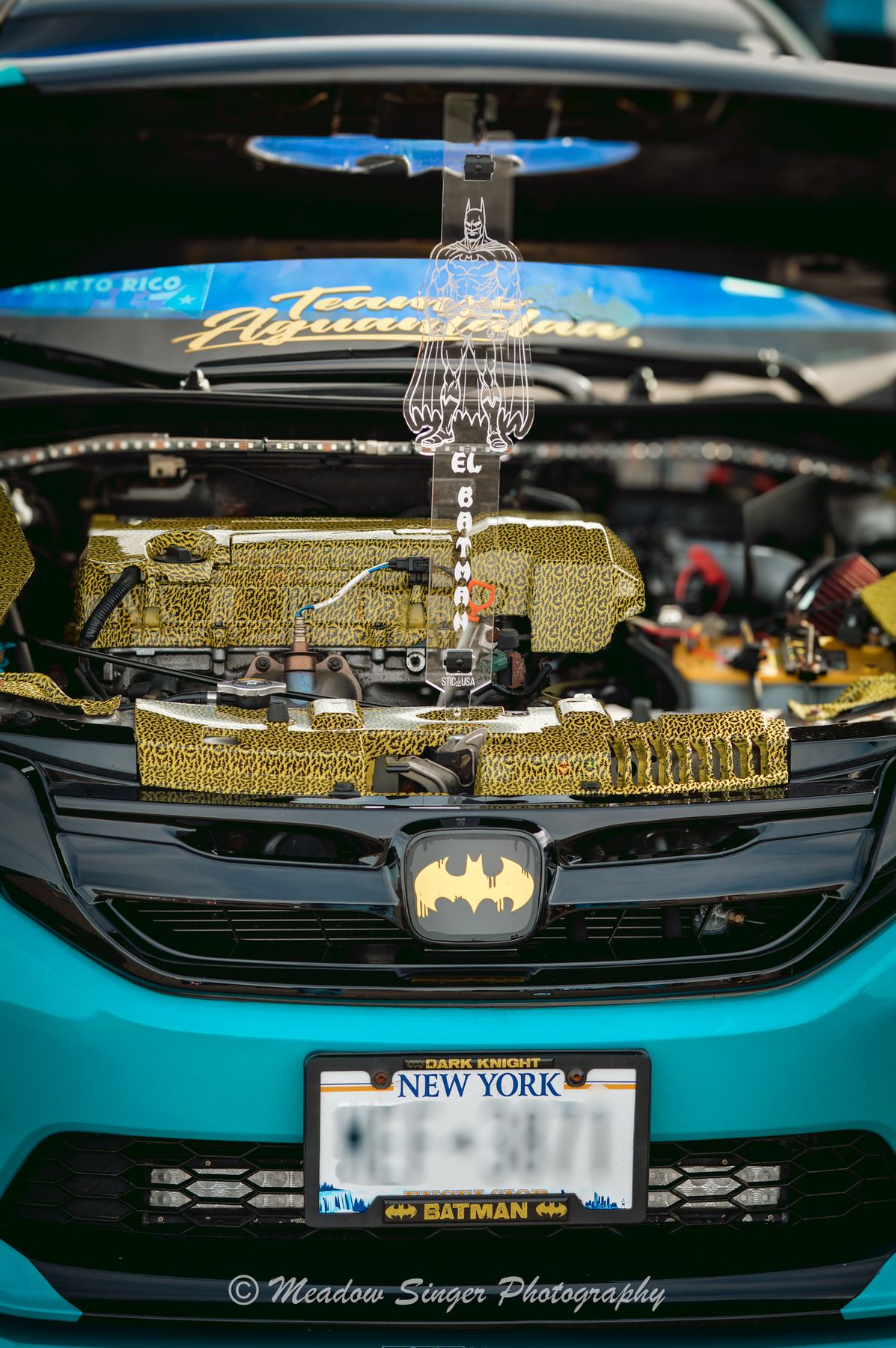 A gold and teal engine bay with a Batman badge on the grille